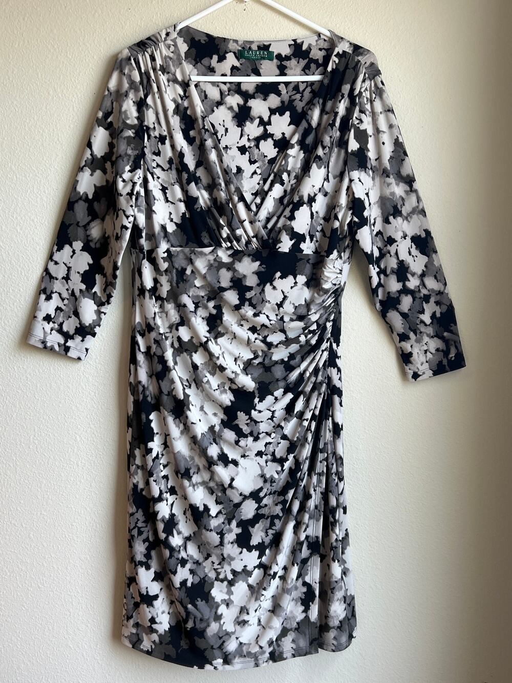 Lauren Ralph Lauren 14 L Black White Abstract Floral Faux Wrap Ruched Dress